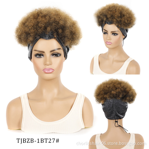 Wholesale Cheap Afro Turban Wig Short Heat Resistant Ombre Kinky Curly Synthetic Wigs With Headband Afro Wigs Attached For Women